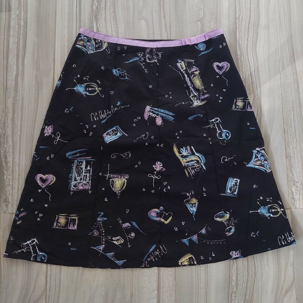 NWOT Raffaella Black/Lavender Floral Print Cotton Skirt, Size 8